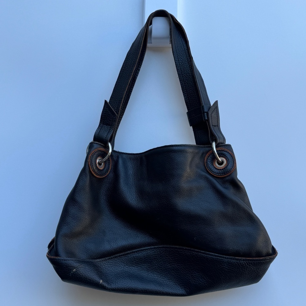 Nicoli Black Pebble Leather Brown Trim Shoulder Bag - Picture 2 of 16